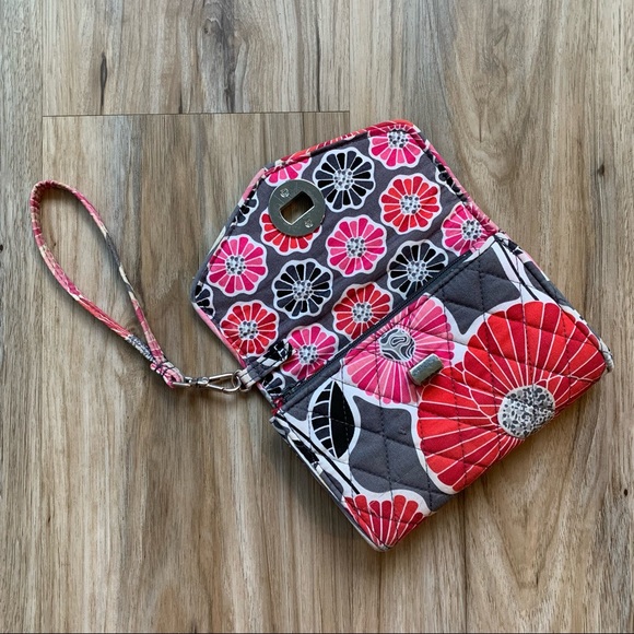 VERA BRADLEY Wallet Wristlet Cheery Blossoms Turn Lock Envelope Gray Red Pink - Picture 2 of 13